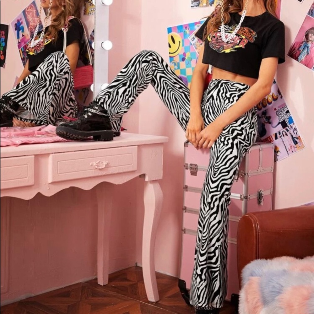 High Waisted Zebra Print Flared Bell Bottoms.